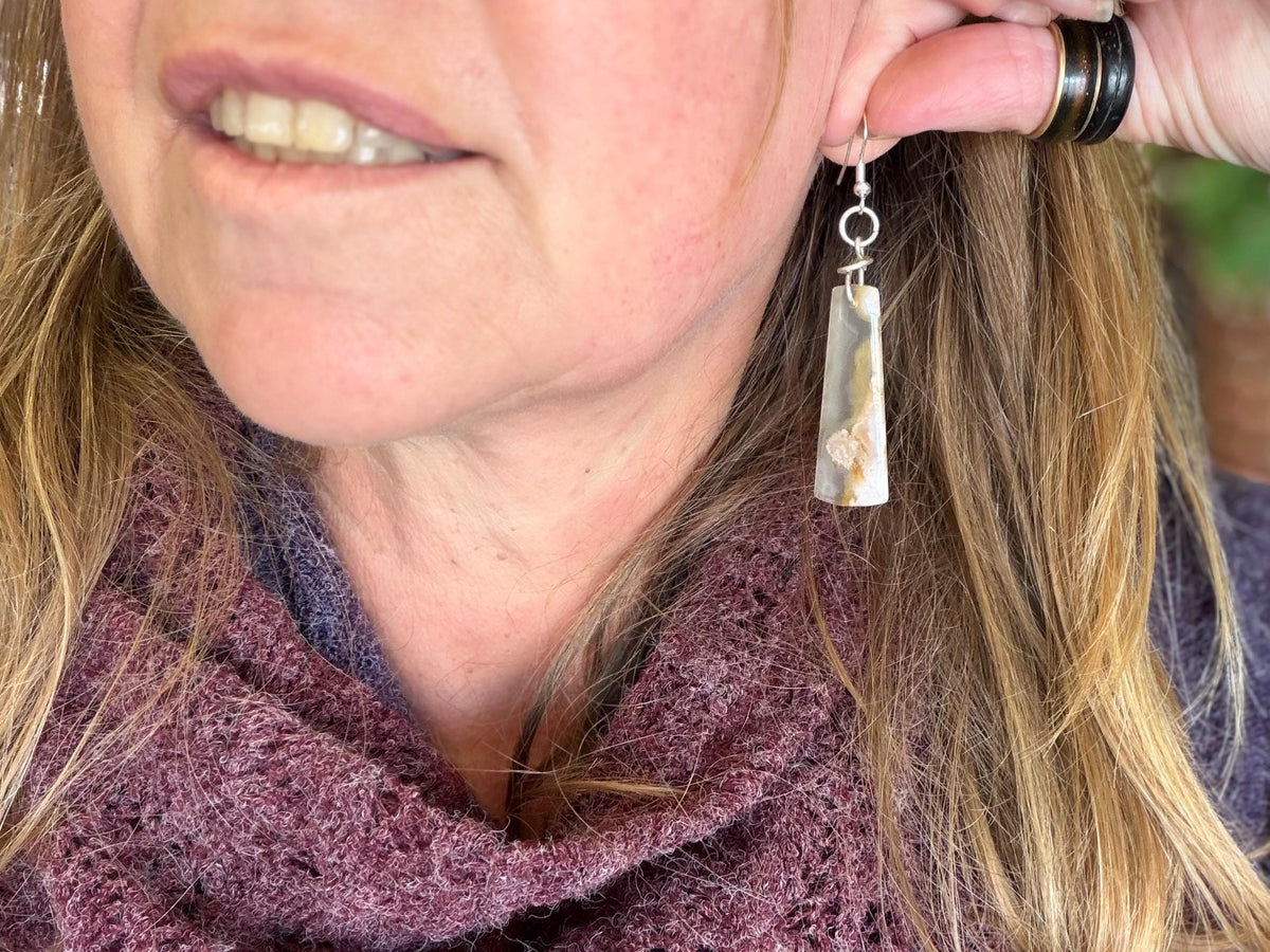 Cherry blossom agate earrings, ethical jewellery, white and silver earrings. Stunning unique earrings made with ethically sourced gemstones.
