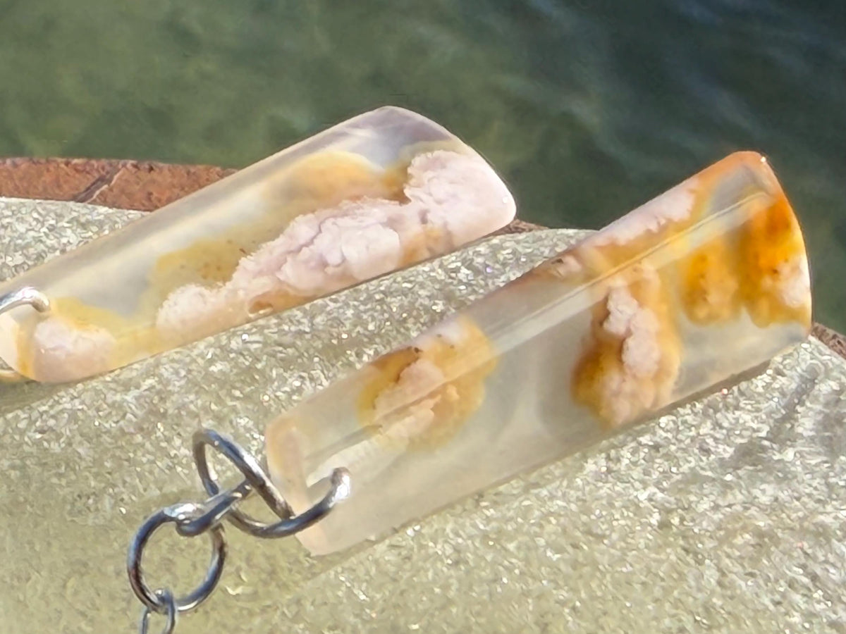 Cherry blossom agate earrings, ethical jewellery, white and silver earrings. Stunning unique earrings made with ethically sourced gemstones.