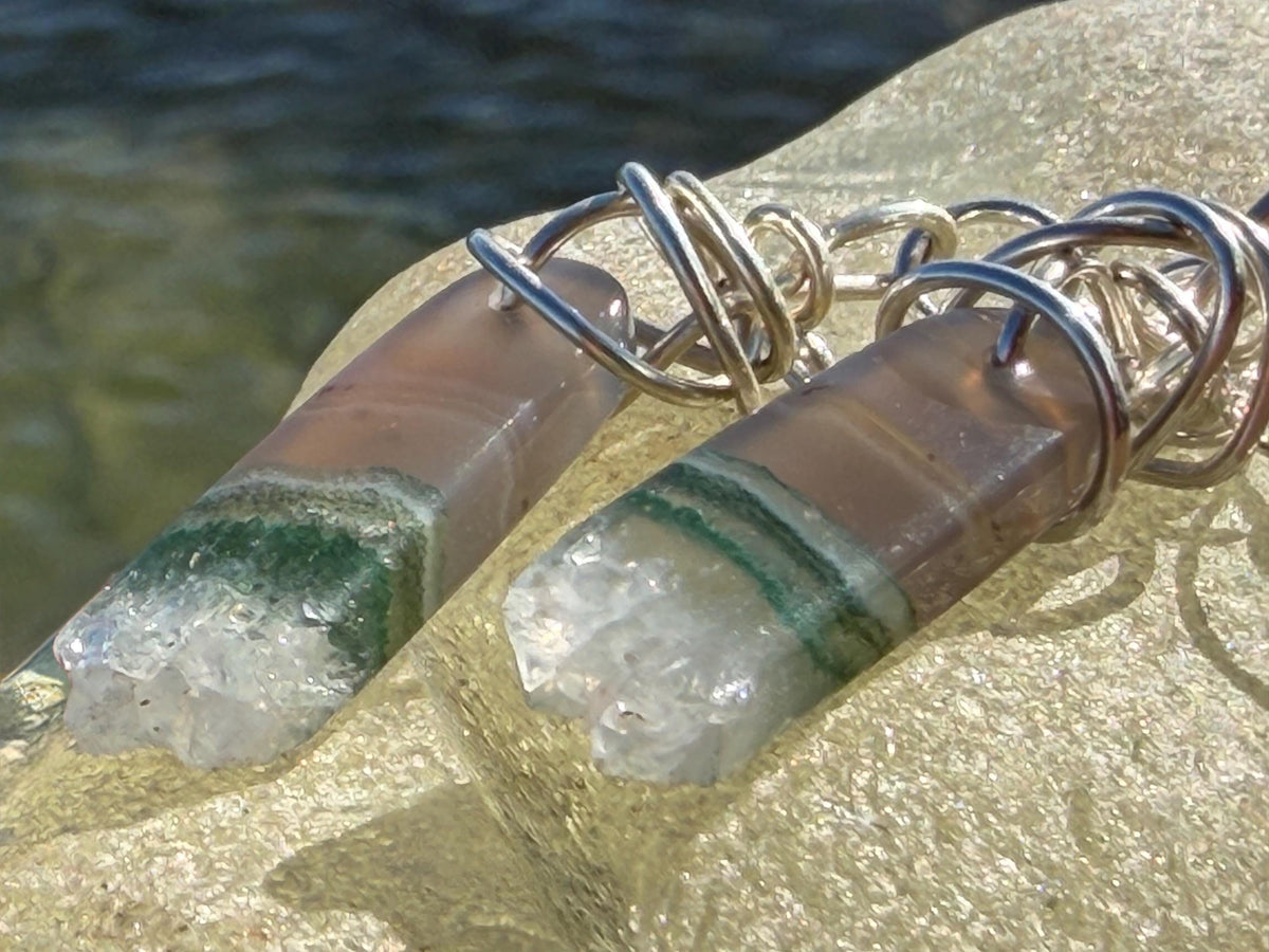 Agate gemstone earrings on recycled sterling silver. Handmade white earrings. Ethical jewellery, boho jewellery. Unique earrings.