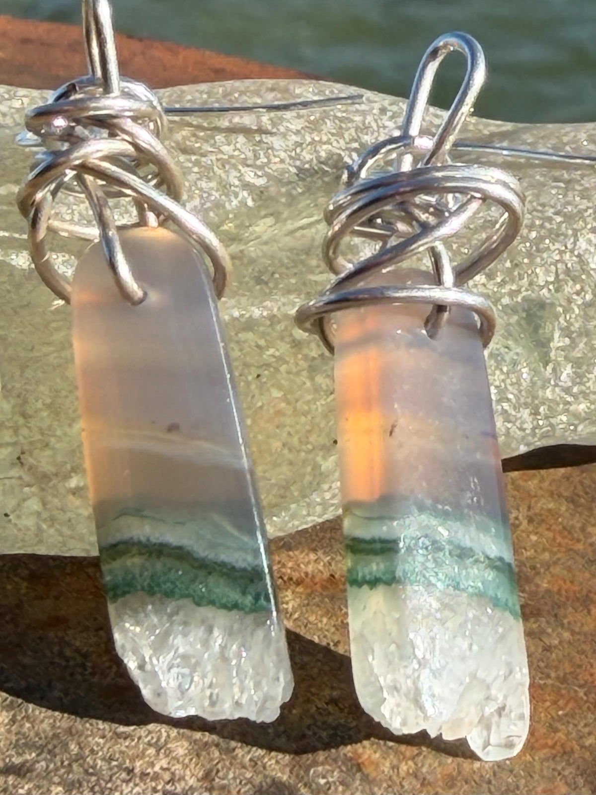 Agate gemstone earrings on recycled sterling silver. Handmade white earrings. Ethical jewellery, boho jewellery. Unique earrings.