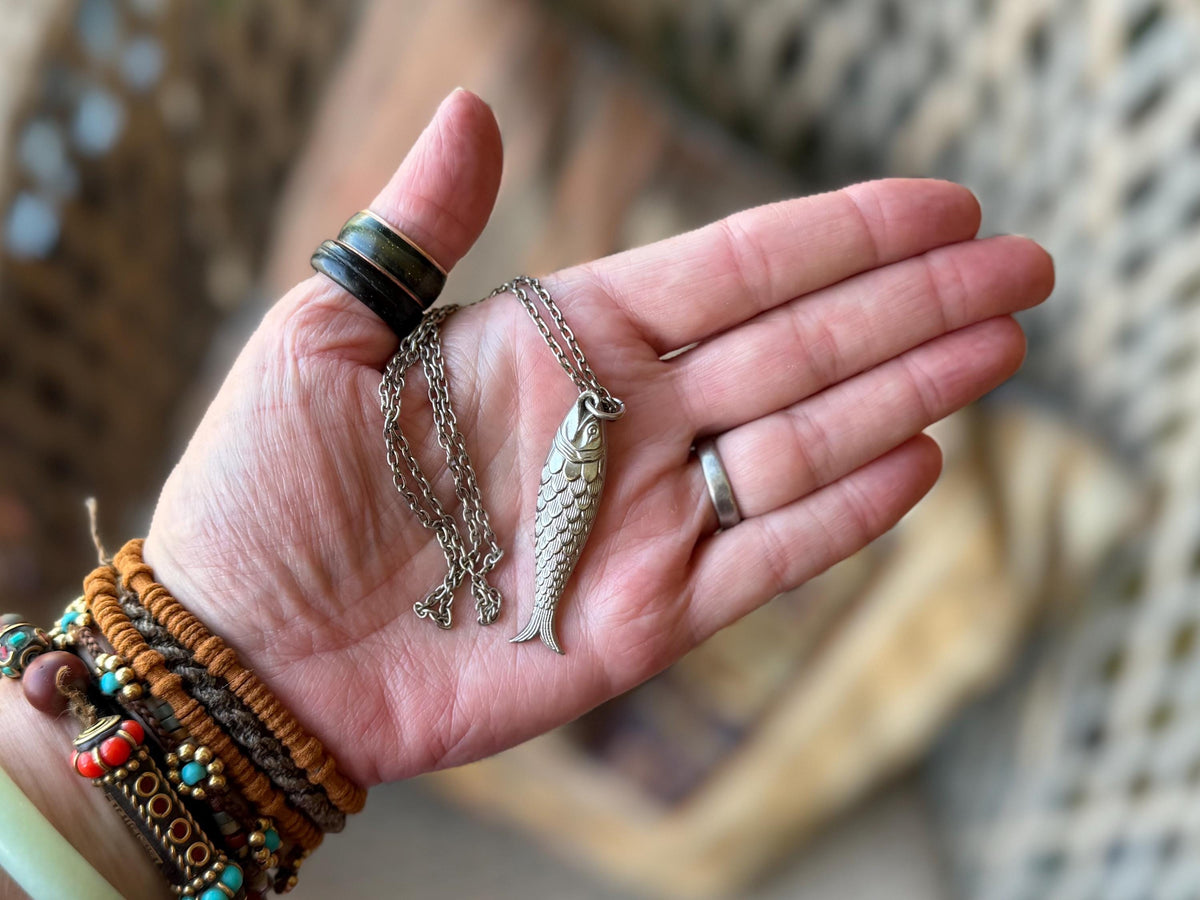 Vintage fish necklace. Vintage necklace, boho necklace, ethical jewellery, eco friendly necklace, gift for her, fish pendant for him