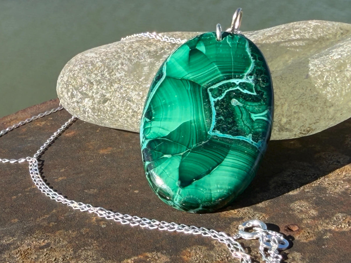Azurite malachite necklace, malachite pendant, large gemstone necklace, green gemstone, Handmade gemstone necklace, boho gift for her