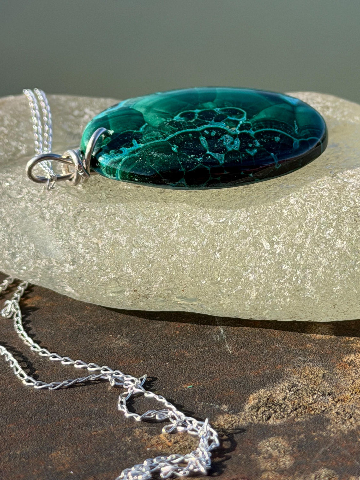 Azurite malachite necklace, malachite pendant, large gemstone necklace, green gemstone, Handmade gemstone necklace, boho gift for her