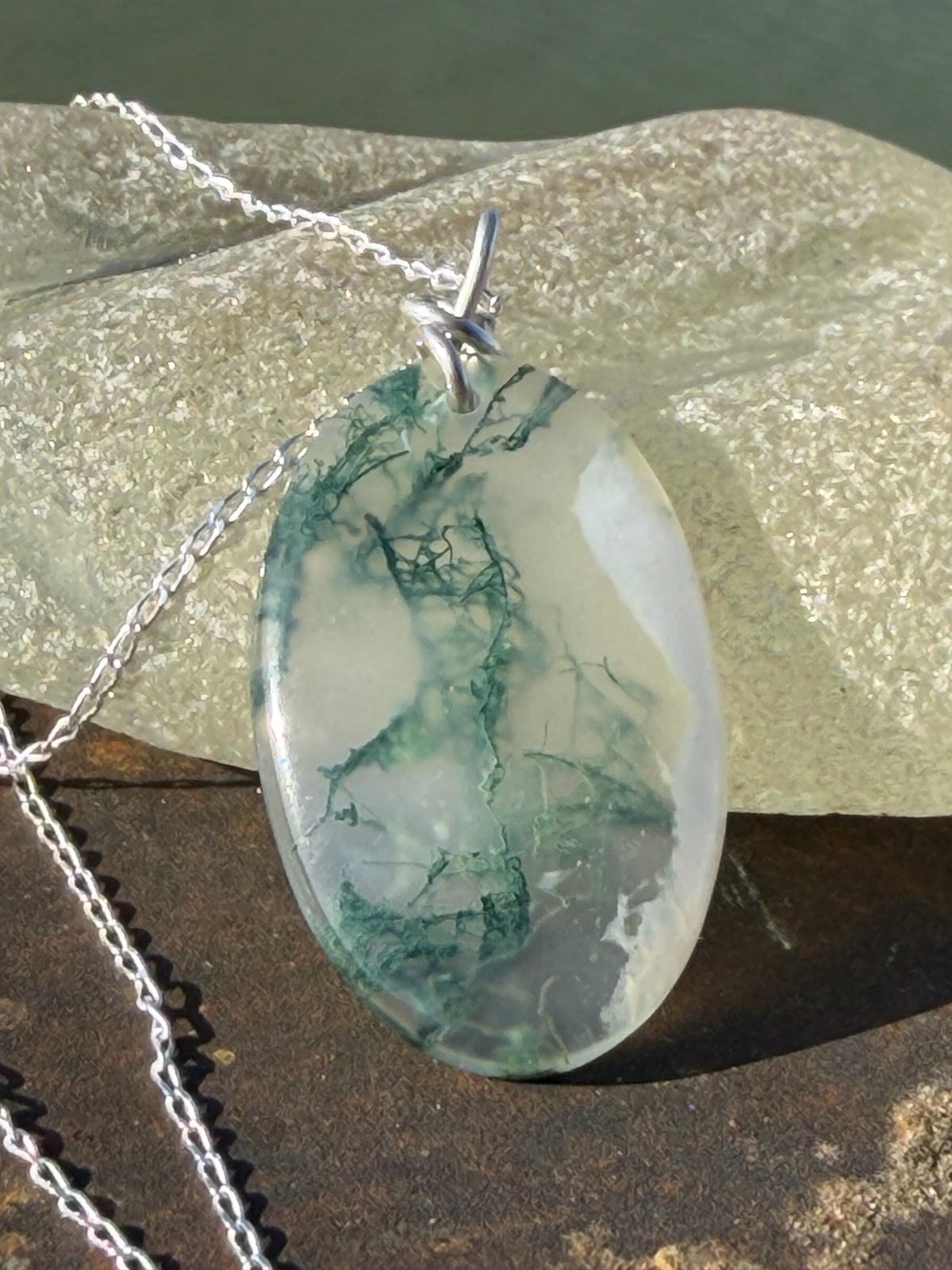 Moss agate necklace, moss agate pendant, large gemstone necklace, green gemstone, gift for gardener. Handmade necklace, boho gift for her