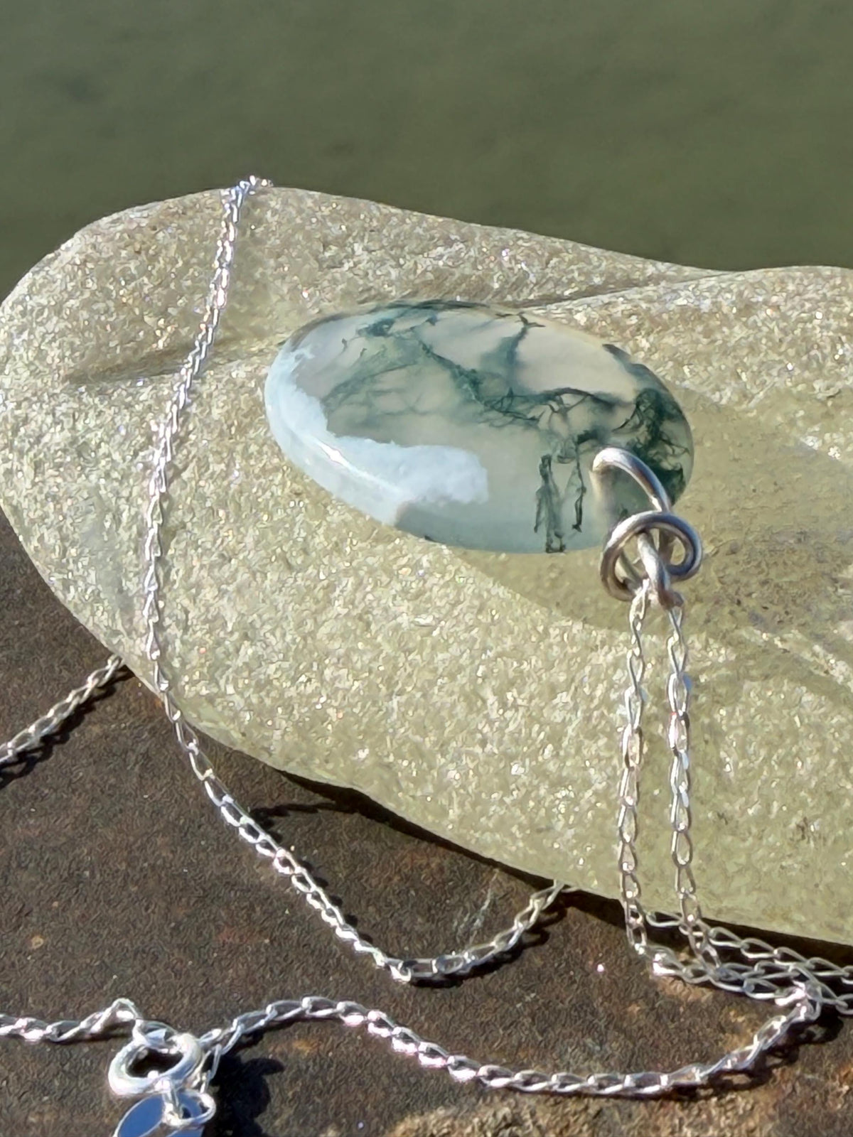 Moss agate necklace, moss agate pendant, large gemstone necklace, green gemstone, gift for gardener. Handmade necklace, boho gift for her