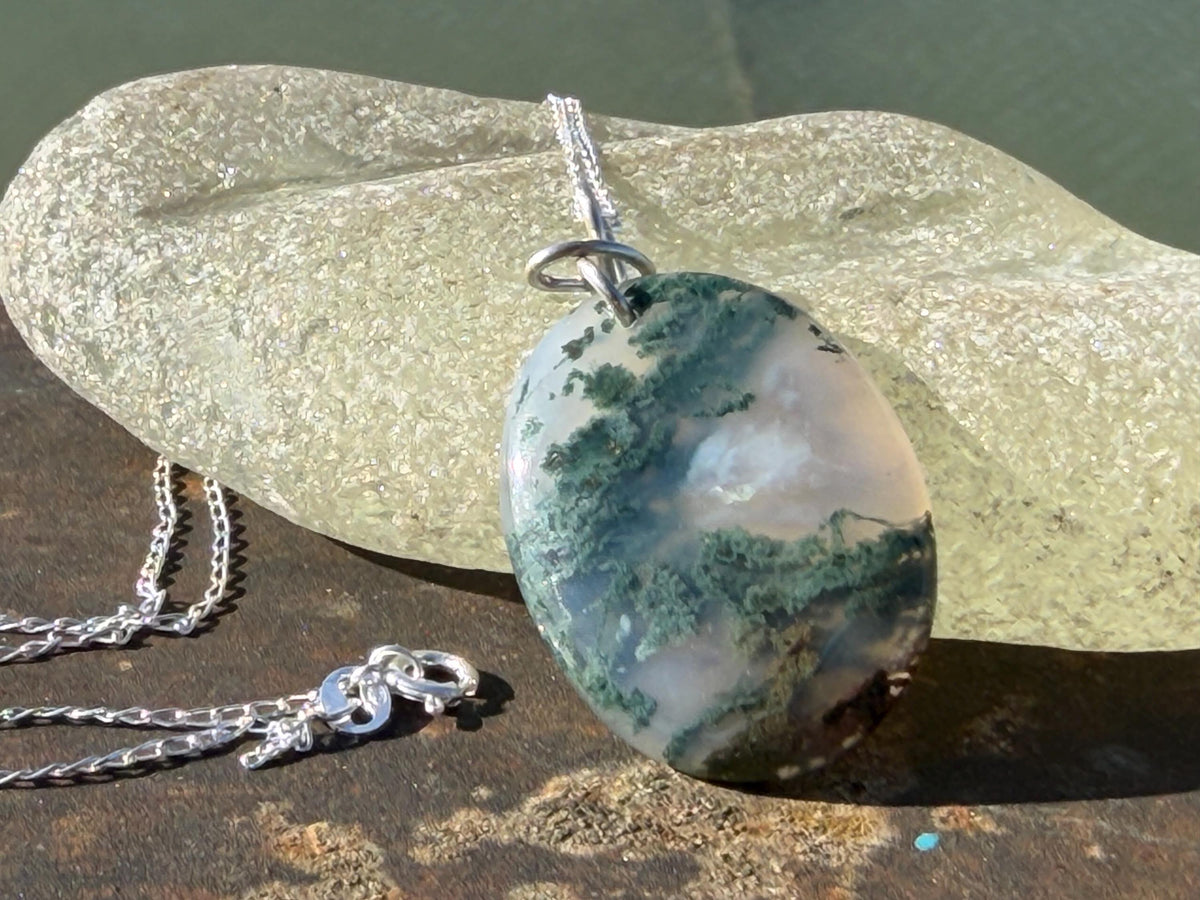 Moss agate necklace, moss agate pendant, large gemstone necklace, green gemstone, gift for gardener. Handmade necklace, boho gift for her