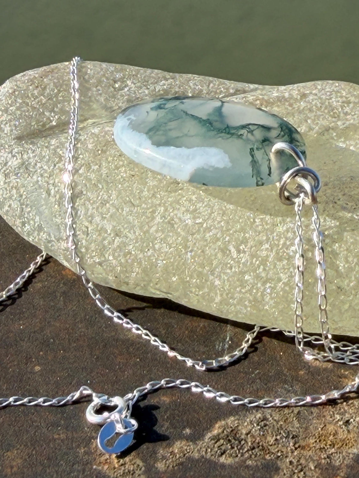 Moss agate necklace, moss agate pendant, large gemstone necklace, green gemstone, gift for gardener. Handmade necklace, boho gift for her