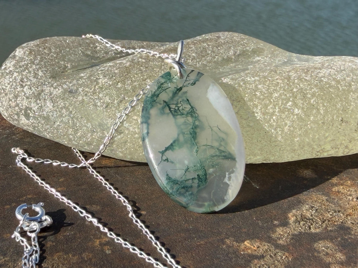 Moss agate necklace, moss agate pendant, large gemstone necklace, green gemstone, gift for gardener. Handmade necklace, boho gift for her