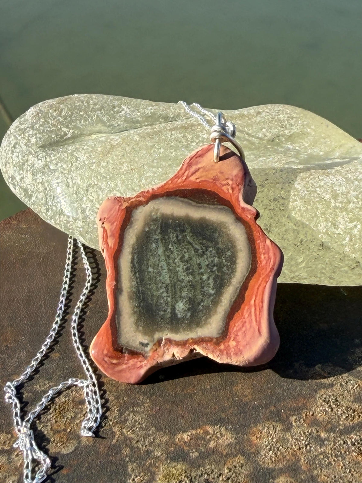 Eco friendly handmade necklace made from Rhodochrosite & recycled silver. Ethical jewellery. Unique handmade jewellery. Orange necklaces.