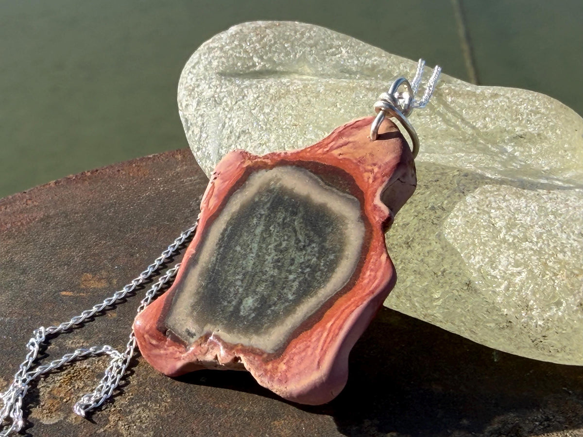 Eco friendly handmade necklace made from Rhodochrosite & recycled silver. Ethical jewellery. Unique handmade jewellery. Orange necklaces.