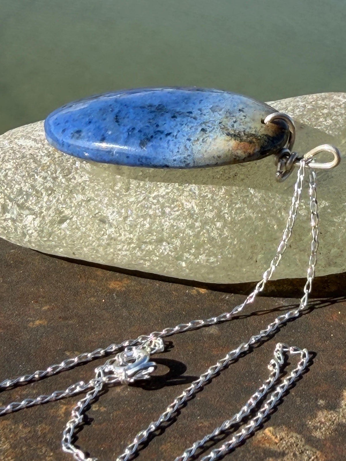 Blue papagoite necklace, ethical jewellery, bohemian necklace, unusual jewellery, papagoite pendant, blue gemstone necklace. Boho jewellery