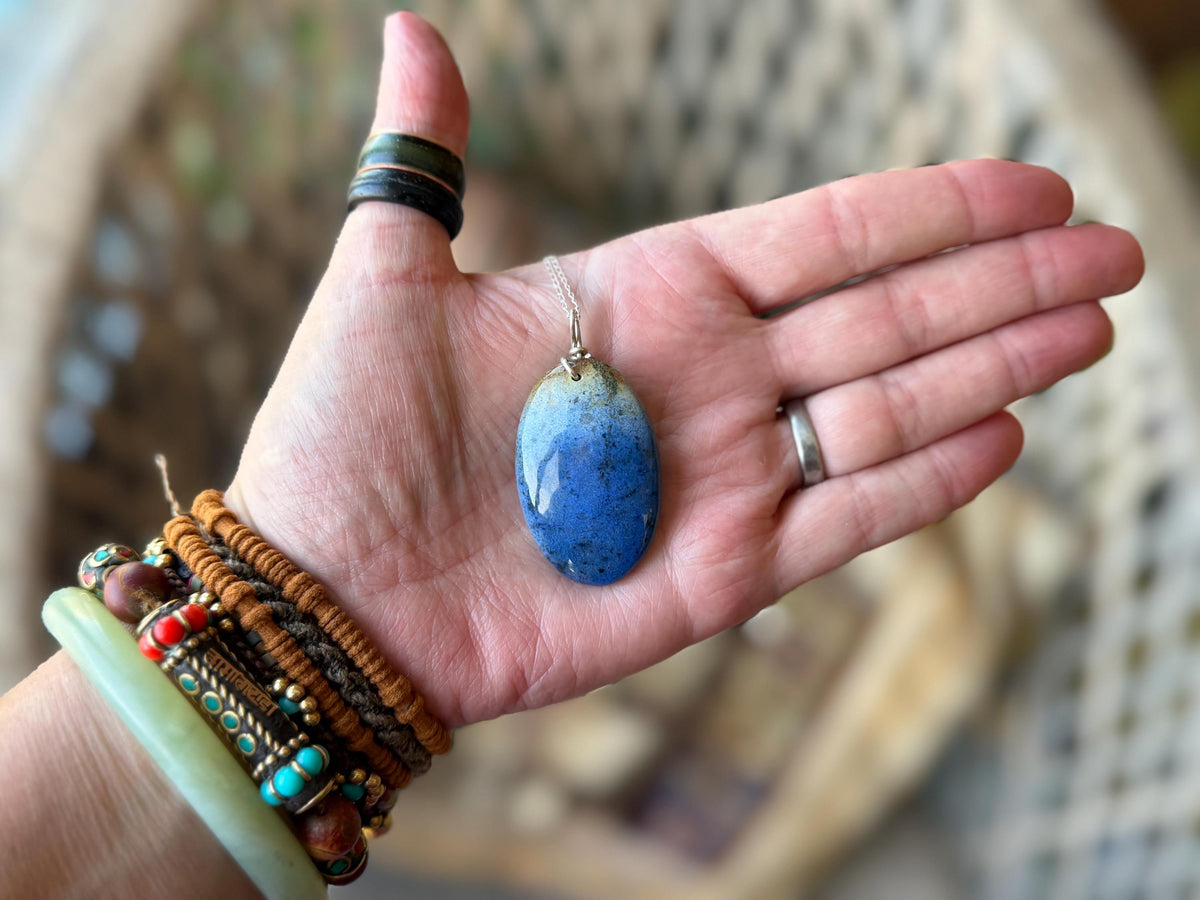Blue papagoite necklace, ethical jewellery, bohemian necklace, unusual jewellery, papagoite pendant, blue gemstone necklace. Boho jewellery