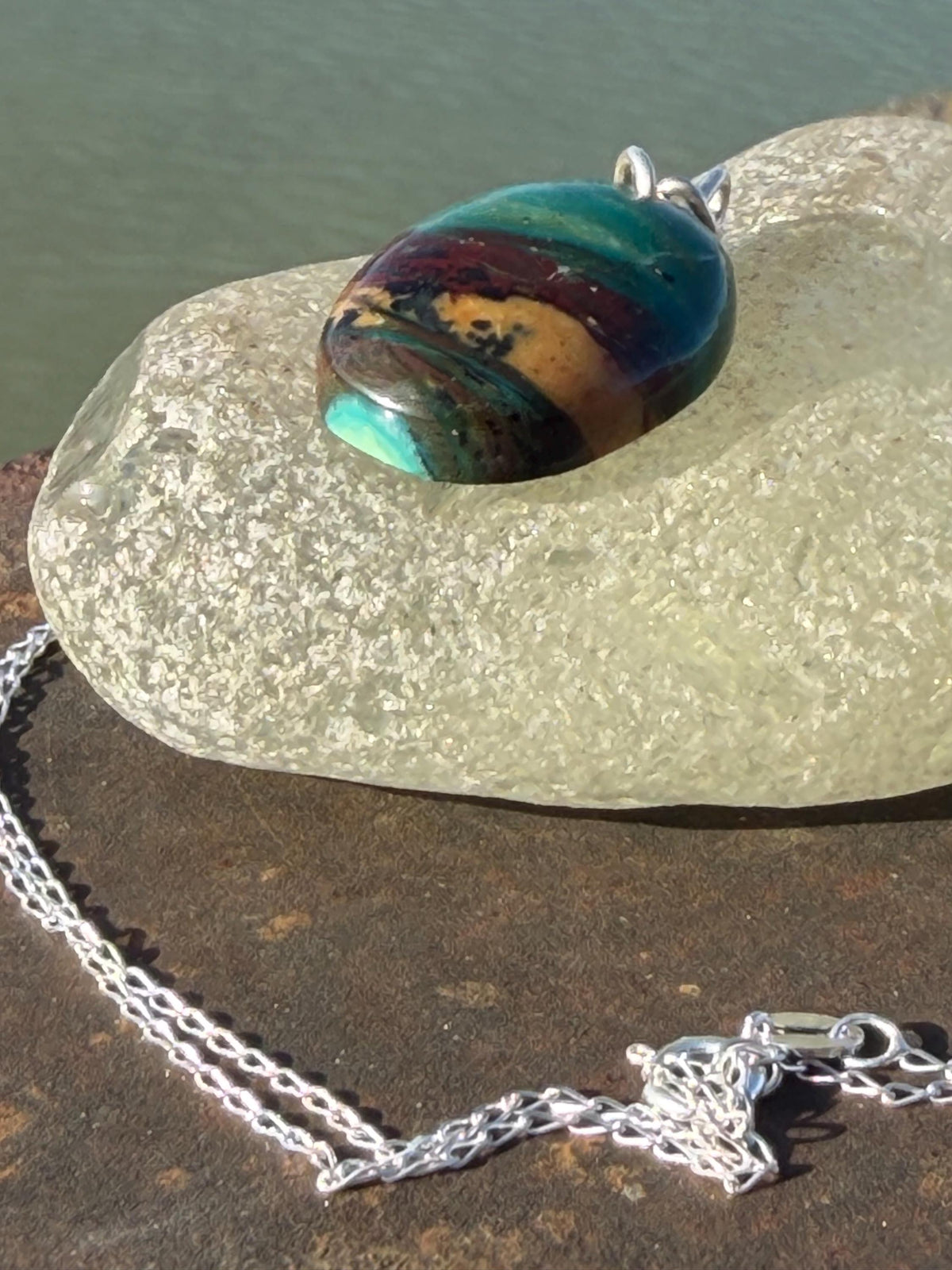 Green opalised wood necklace, ethical jewellery, bohemian necklace, unusual jewellery, unique eco friendly pendant,  red gemstone necklace.
