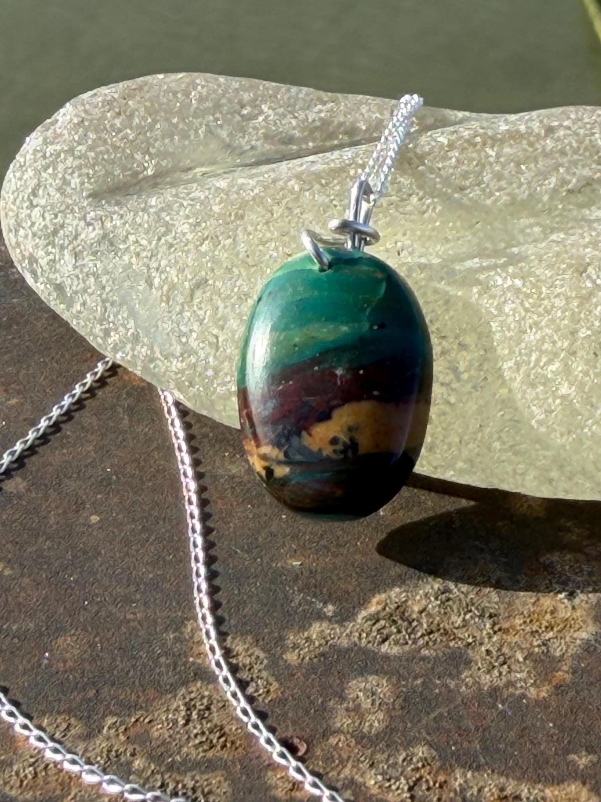 Green opalised wood necklace, ethical jewellery, bohemian necklace, unusual jewellery, unique eco friendly pendant,  red gemstone necklace.