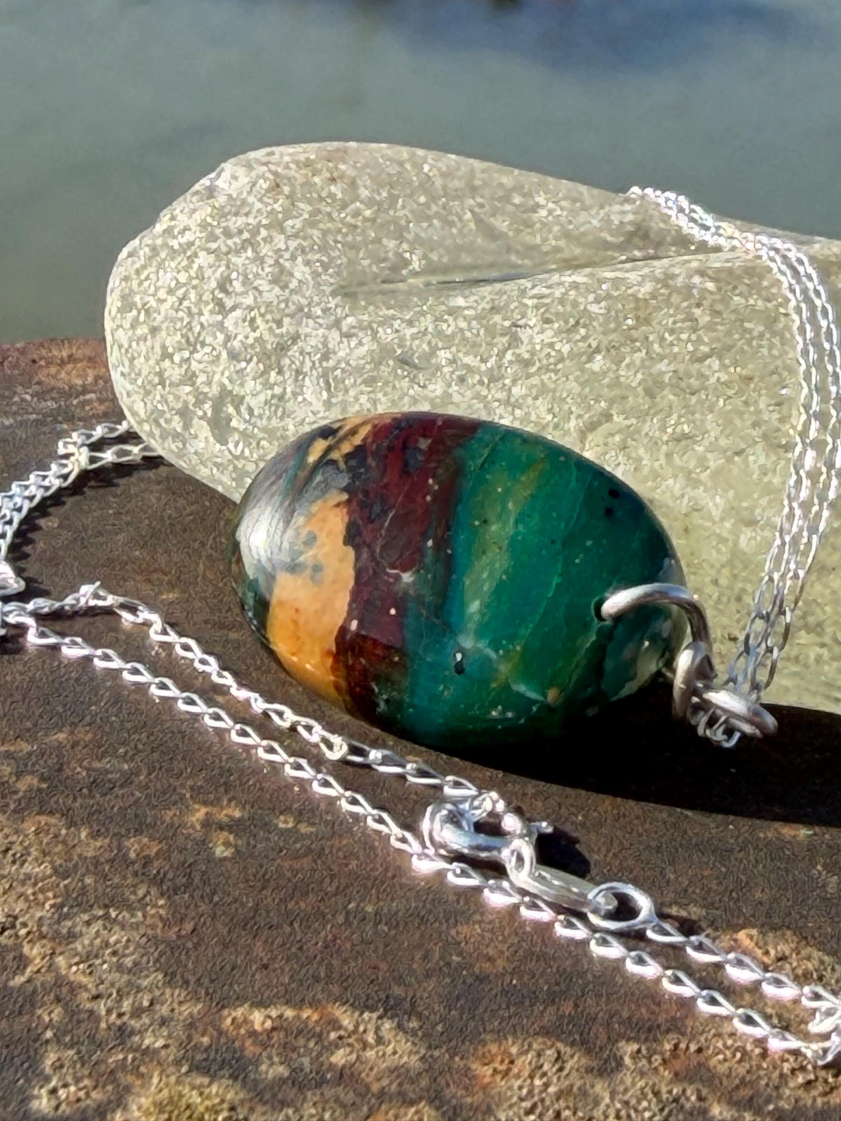 Green opalised wood necklace, ethical jewellery, bohemian necklace, unusual jewellery, unique eco friendly pendant,  red gemstone necklace.