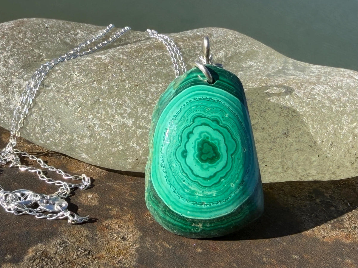 Stunning malachite necklace on recycled sterling silver. Boho large green gemstone necklace, ethically sourced and eco friendly. Unique gift