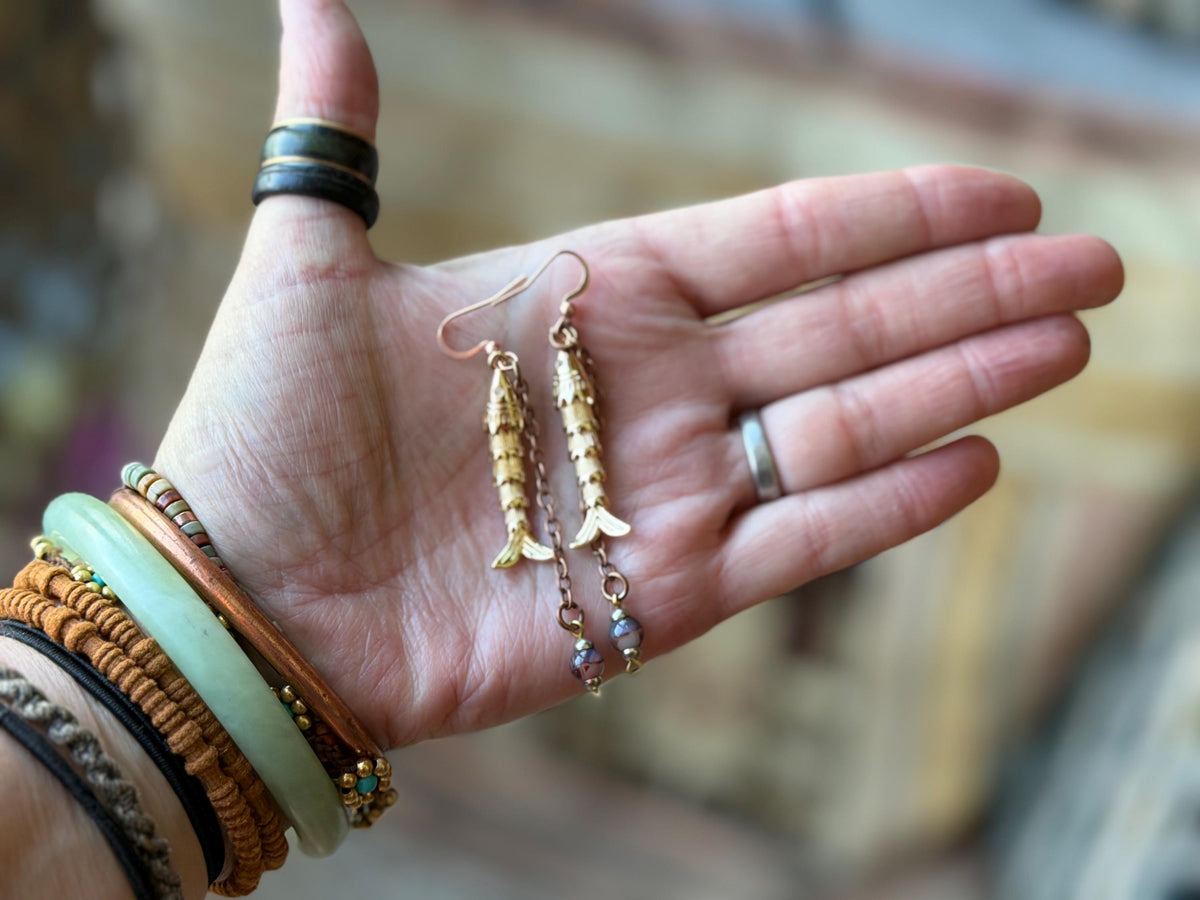 Articulated fish earrings. Articulated jewellery. Eco friendly handmade jewellery.  Boho unusual earrings. Ethical and unique earrings.