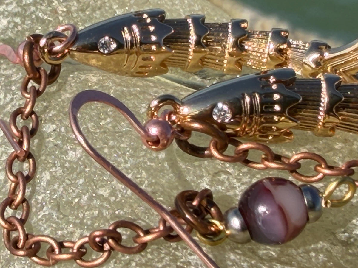 Articulated fish earrings. Articulated jewellery. Eco friendly handmade jewellery.  Boho unusual earrings. Ethical and unique earrings.