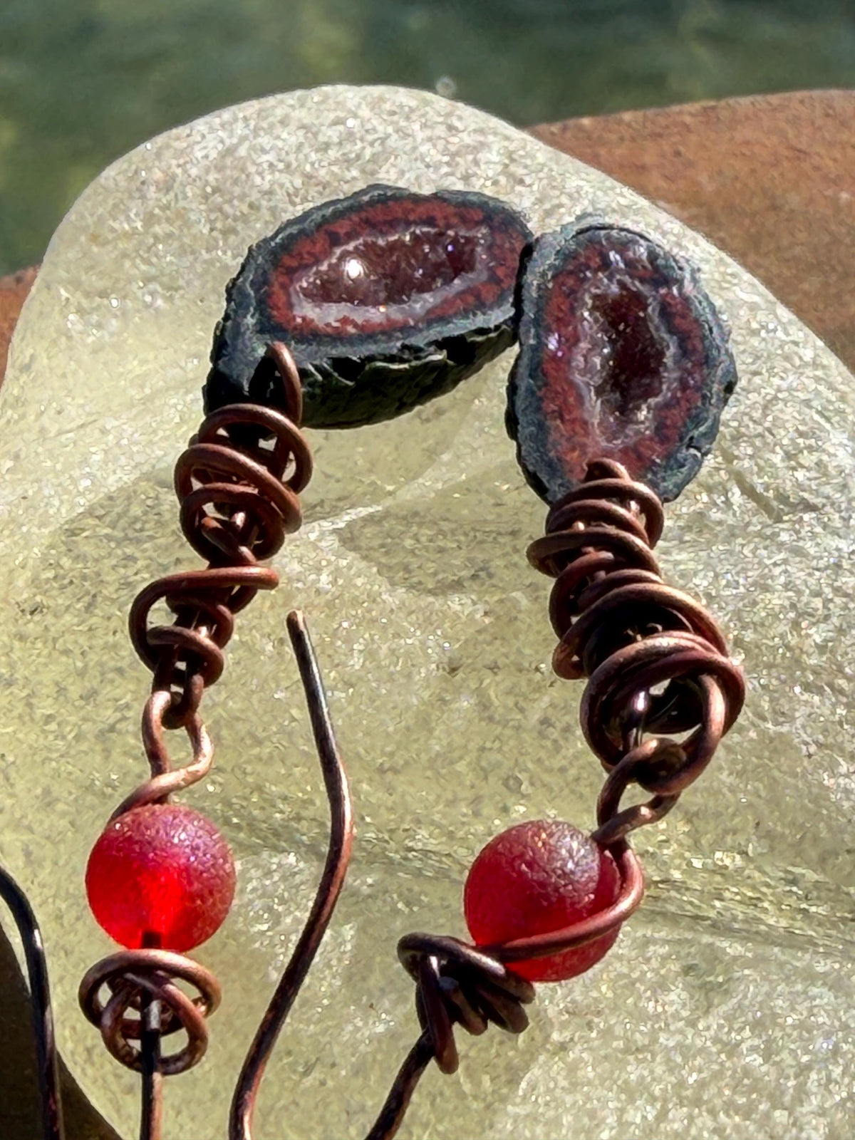 Druzy agate gemstone earrings with sparkly quartz on recycled copper. Handmade earrings. Ethical jewellery, boho jewellery. Unique earrings.