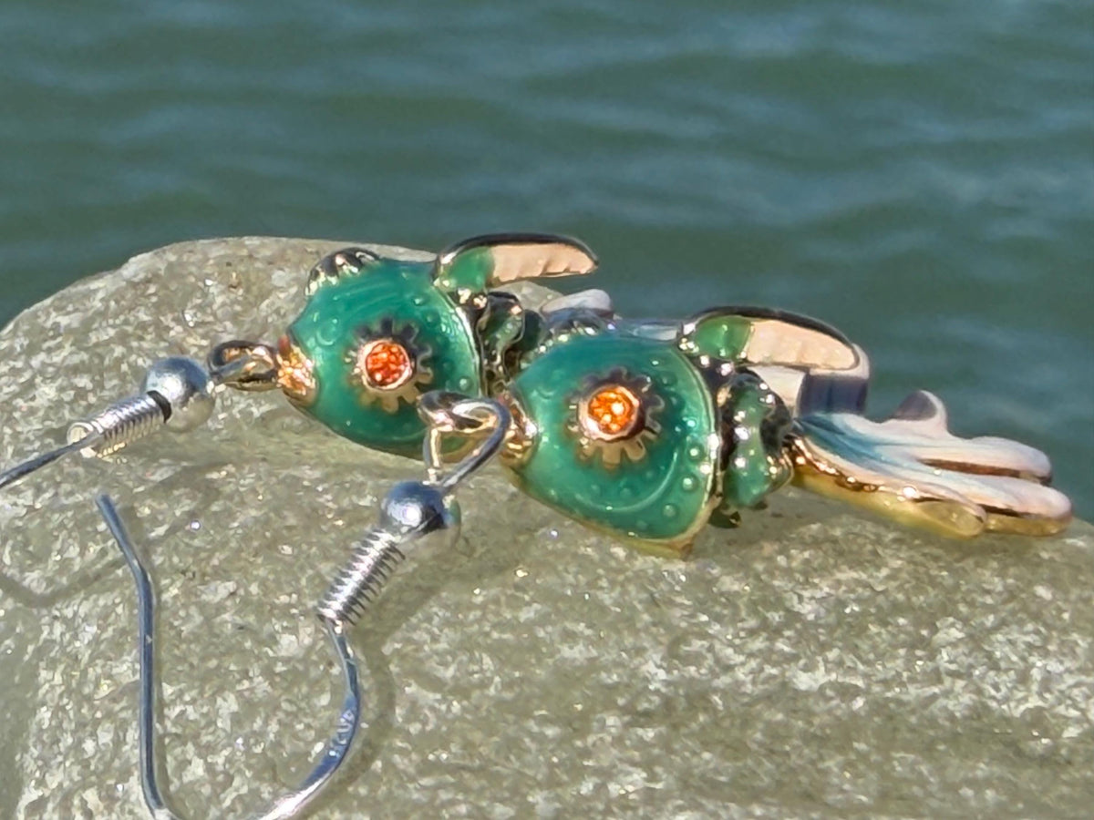 Articulated green fish earrings on recycled sterling silver. Boho earrings. Articulated jewellery.  Cute unusual earrings. GIft for swimmer.