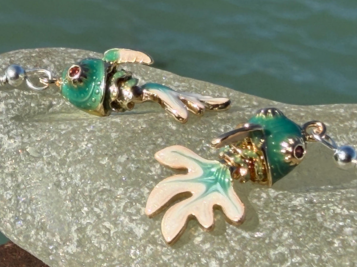 Articulated green fish earrings on recycled sterling silver. Boho earrings. Articulated jewellery.  Cute unusual earrings. GIft for swimmer.