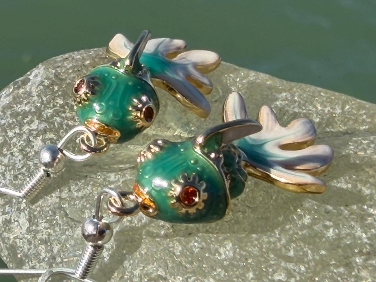 Articulated green fish earrings on recycled sterling silver. Boho earrings. Articulated jewellery.  Cute unusual earrings. GIft for swimmer.