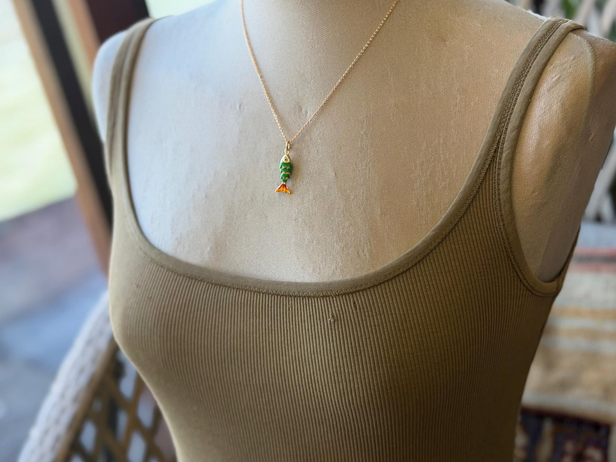 Pretty little fish necklace. Green necklace, boho necklace, ethical jewellery, eco friendly necklace, gift for her, fish pendant for swimmer