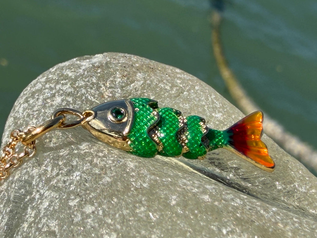 Pretty little fish necklace. Green necklace, boho necklace, ethical jewellery, eco friendly necklace, gift for her, fish pendant for swimmer