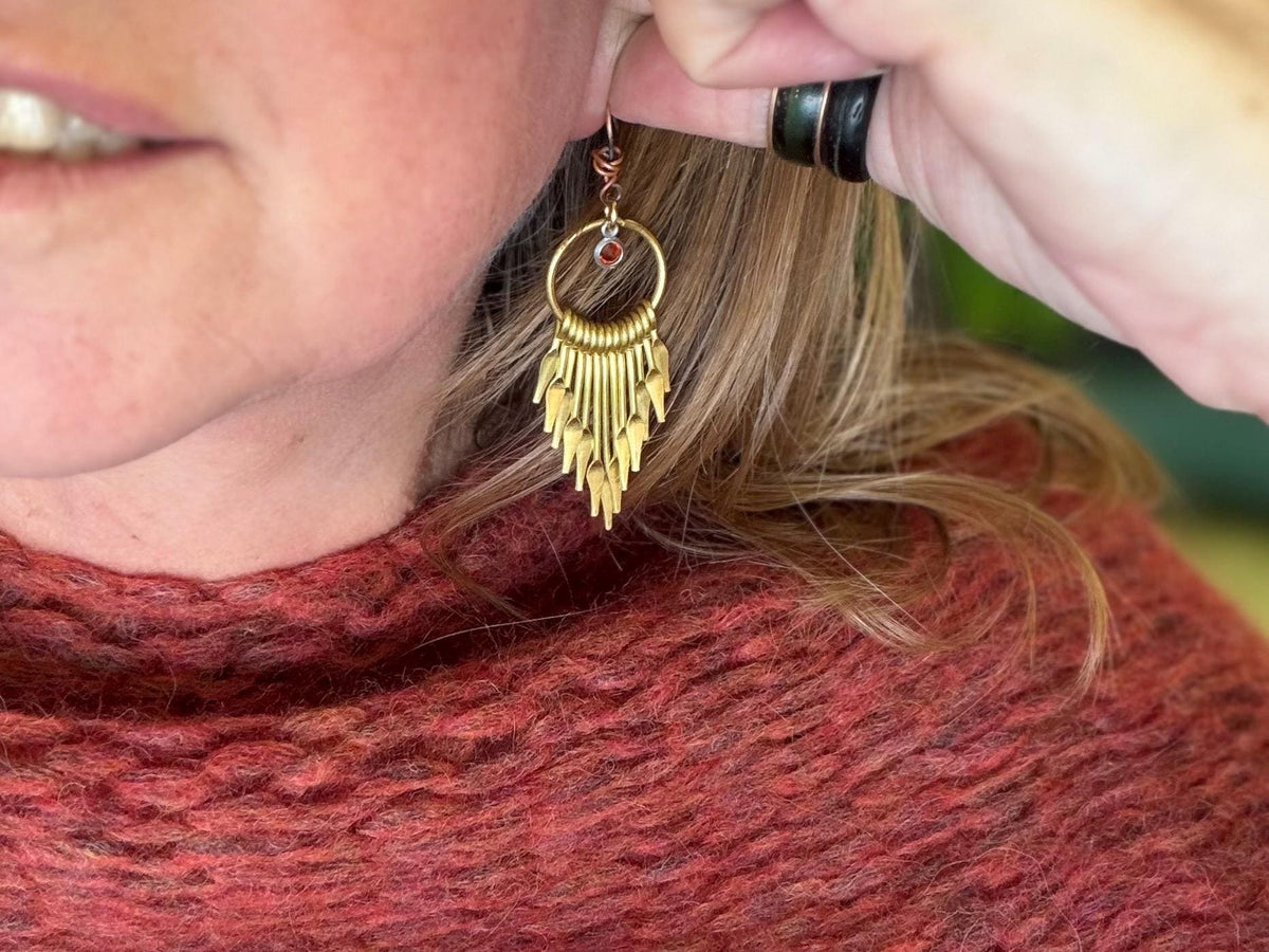 Eco friendly jewellery. Handmade ethical earrings made with recycled brass and vintage glass beading. Ethical boho dangly earrings.