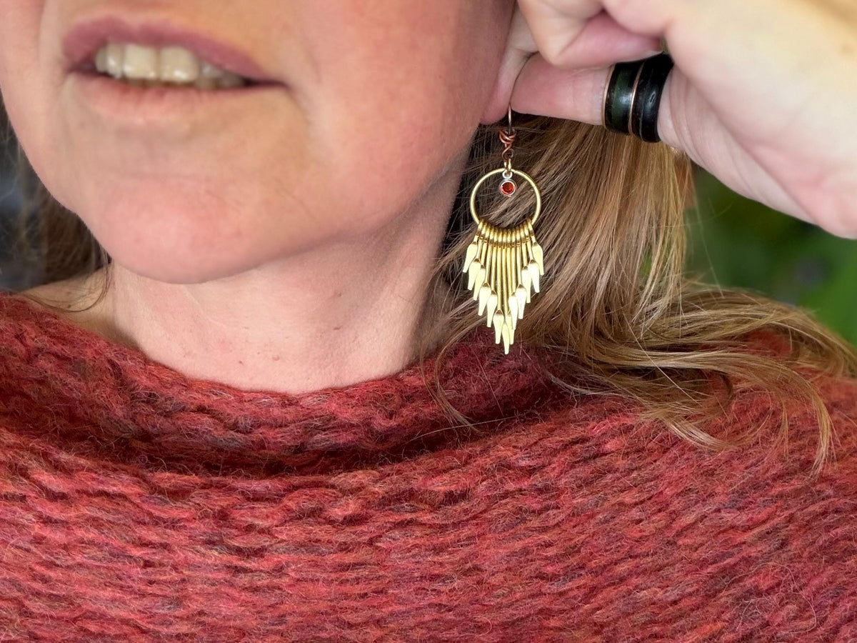 Eco friendly jewellery. Handmade ethical earrings made with recycled brass and vintage glass beading. Ethical boho dangly earrings.