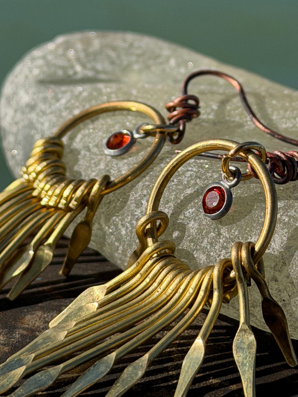 Eco friendly jewellery. Handmade ethical earrings made with recycled brass and vintage glass beading. Ethical boho dangly earrings.