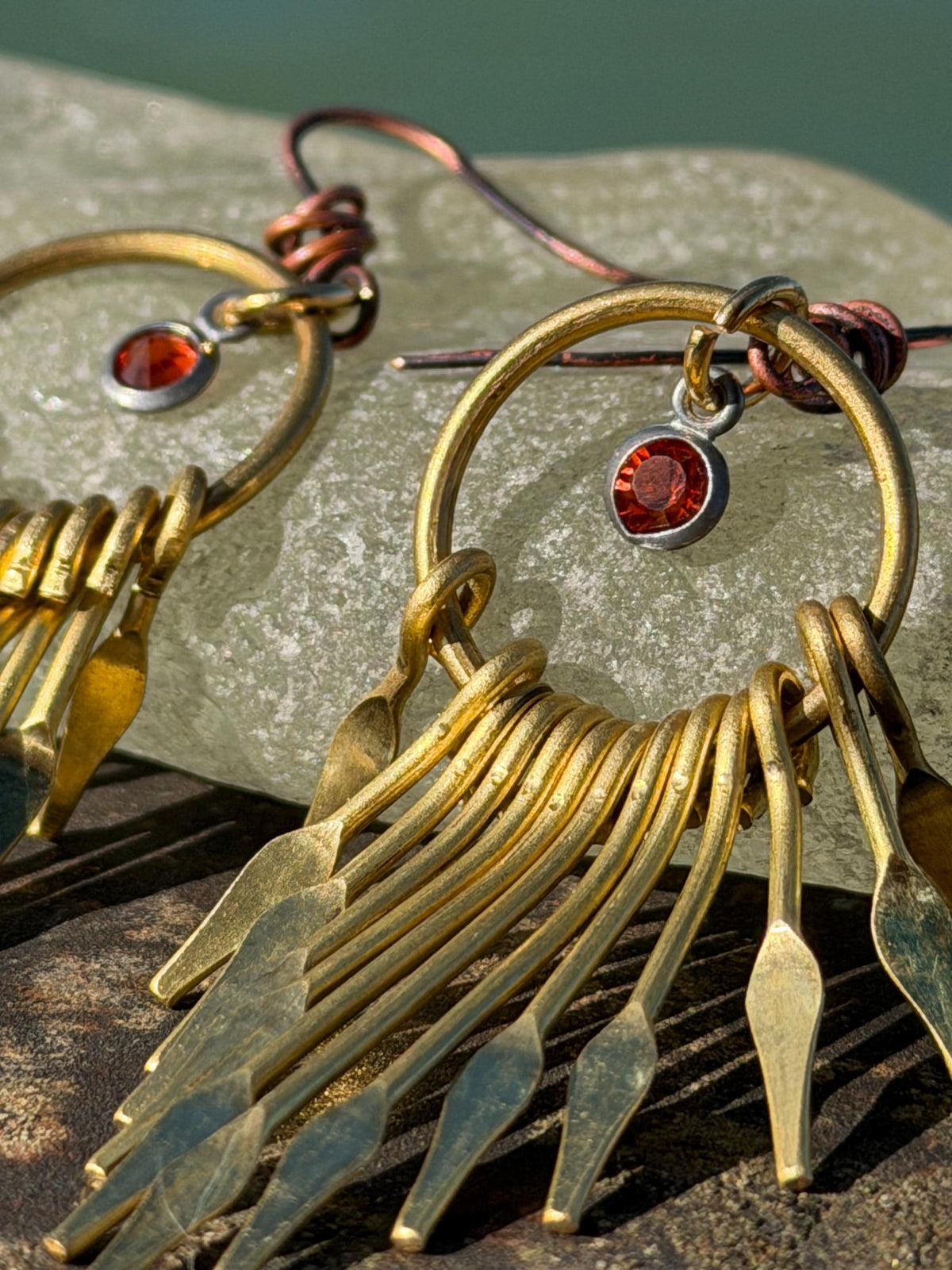 Eco friendly jewellery. Handmade ethical earrings made with recycled brass and vintage glass beading. Ethical boho dangly earrings.