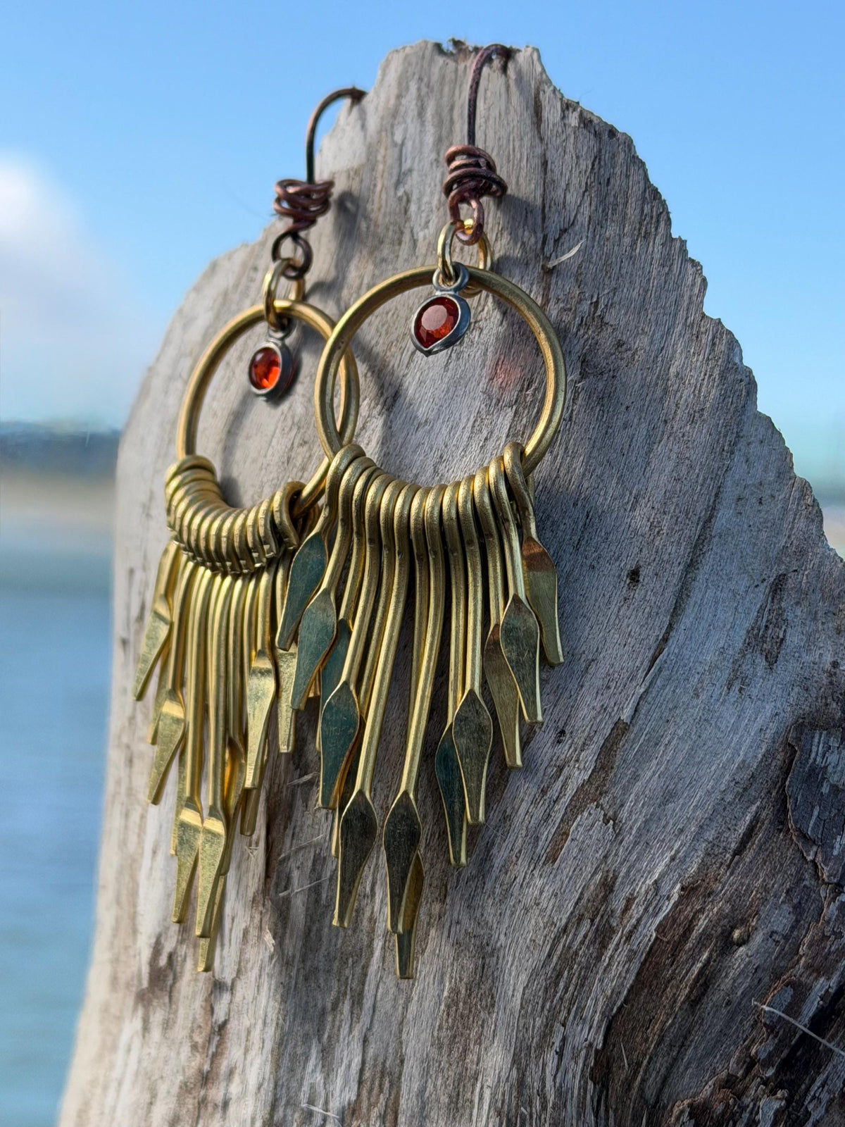 Eco friendly jewellery. Handmade ethical earrings made with recycled brass and vintage glass beading. Ethical boho dangly earrings.