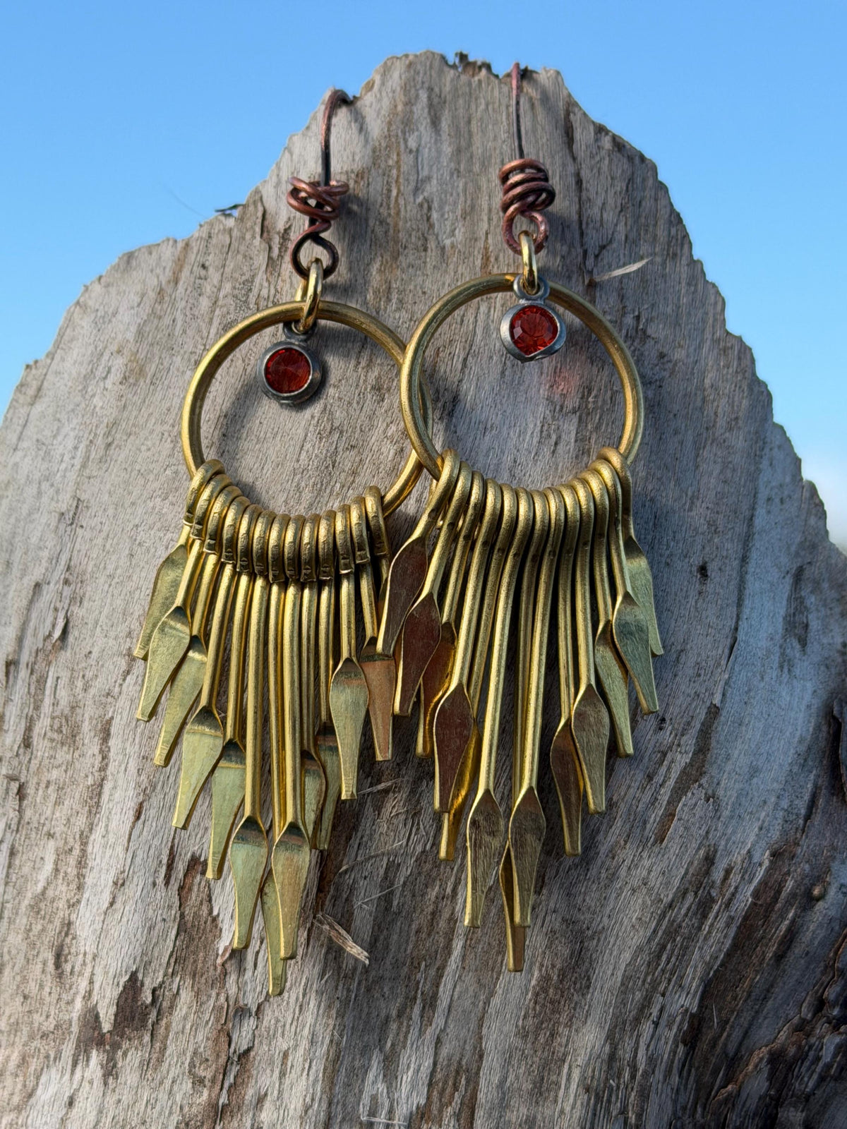 Eco friendly jewellery. Handmade ethical earrings made with recycled brass and vintage glass beading. Ethical boho dangly earrings.