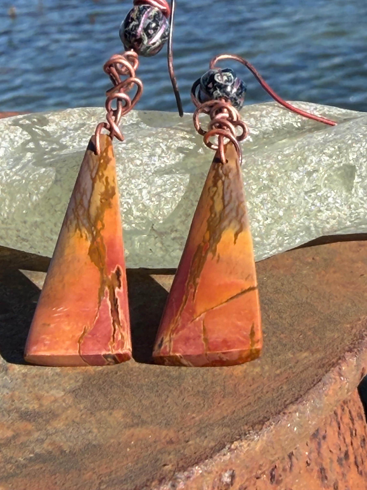 Picasso jasper gemstone earrings. Ethical jewellery, orange gemstone earrings. Stunning unique jewellery. Eco friendly unique earrings.