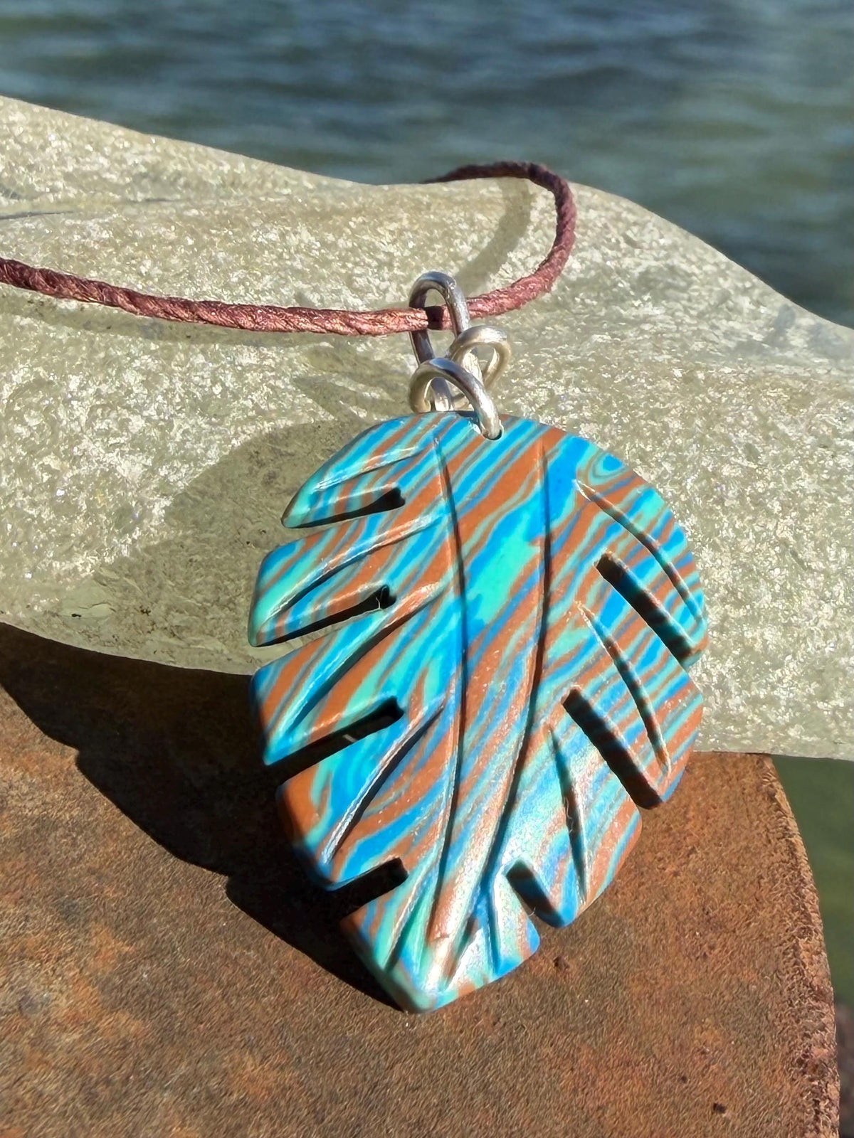 Picasso jasper leaf pendant. Unusual necklace, boho jewellery, unusual jewellery, unique gift for him. Blue leaves. recycled sterling silver
