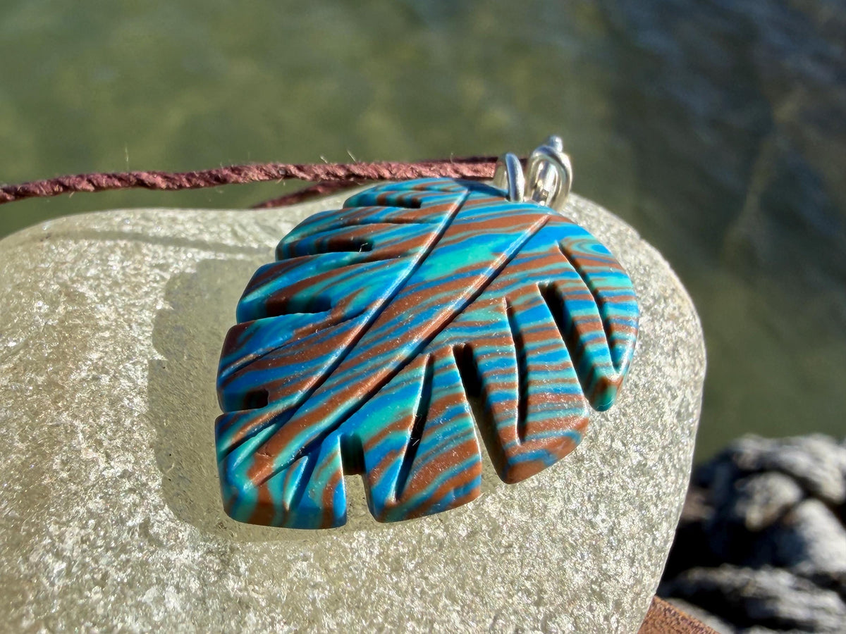 Picasso jasper leaf pendant. Unusual necklace, boho jewellery, unusual jewellery, unique gift for him. Blue leaves. recycled sterling silver