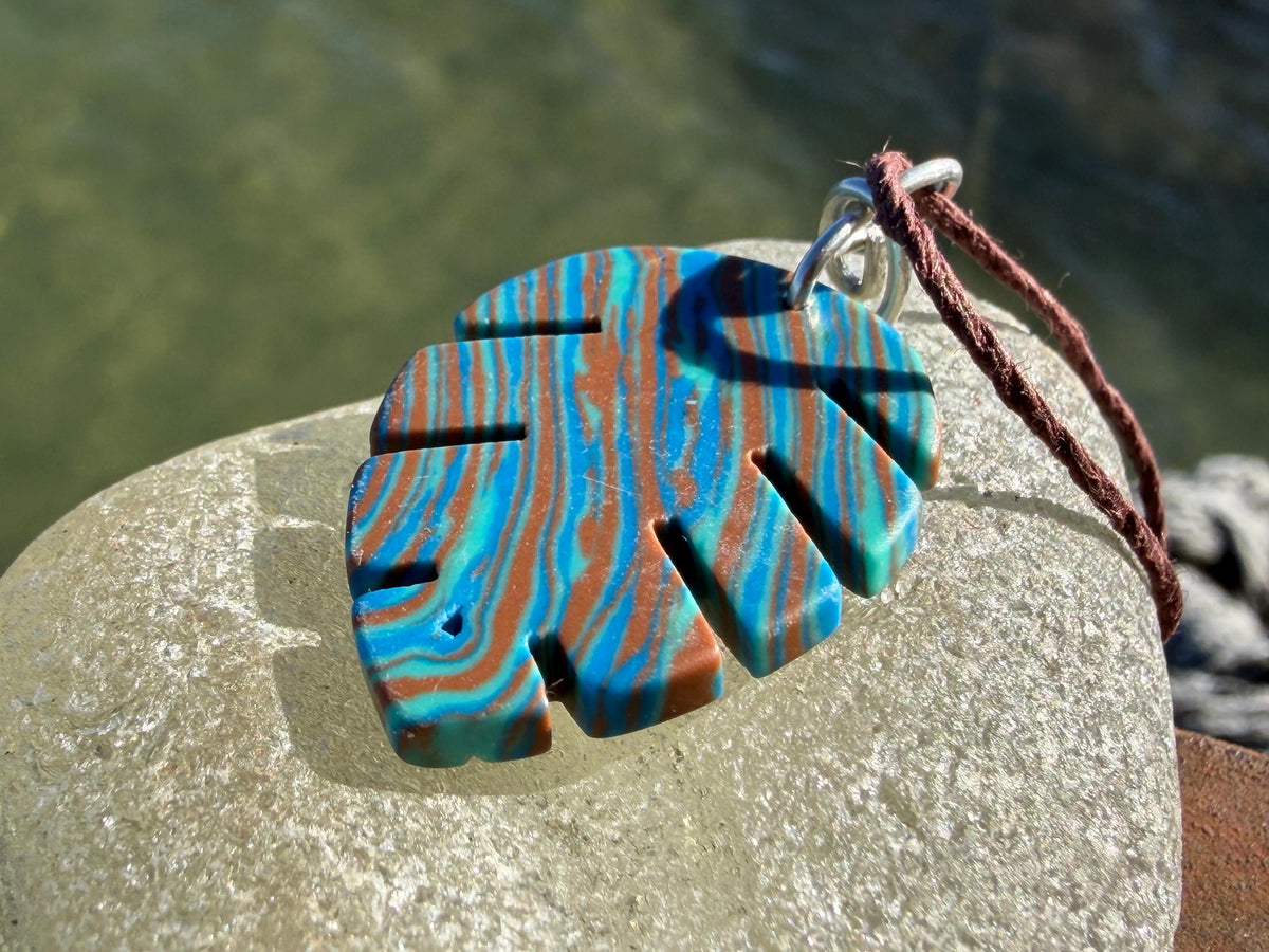 Picasso jasper leaf pendant. Unusual necklace, boho jewellery, unusual jewellery, unique gift for him. Blue leaves. recycled sterling silver