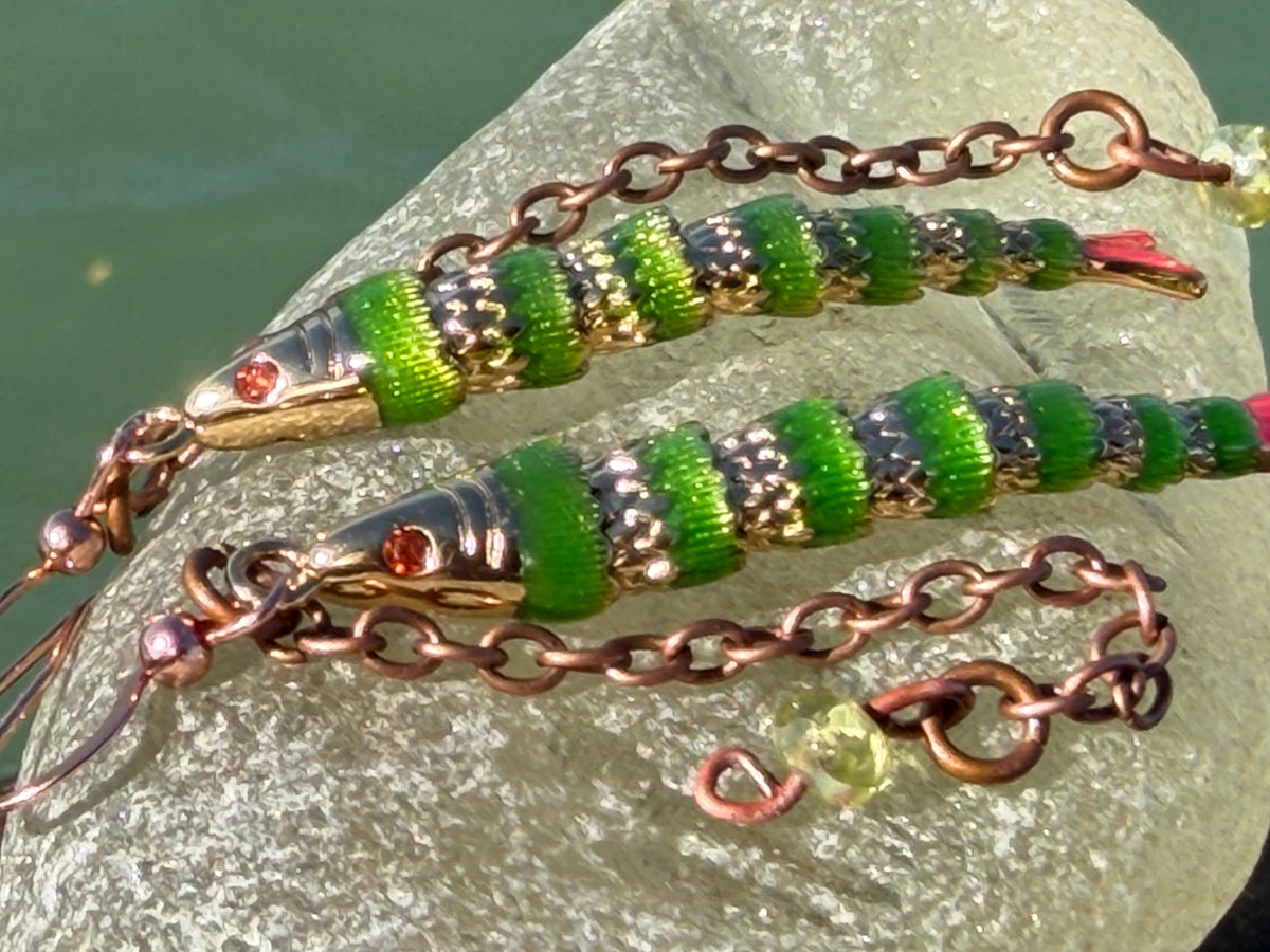 Articulated green fish earrings on recycled sterling silver. Boho earrings. Articulated jewellery.  Cute unusual earrings. GIft for swimmer.