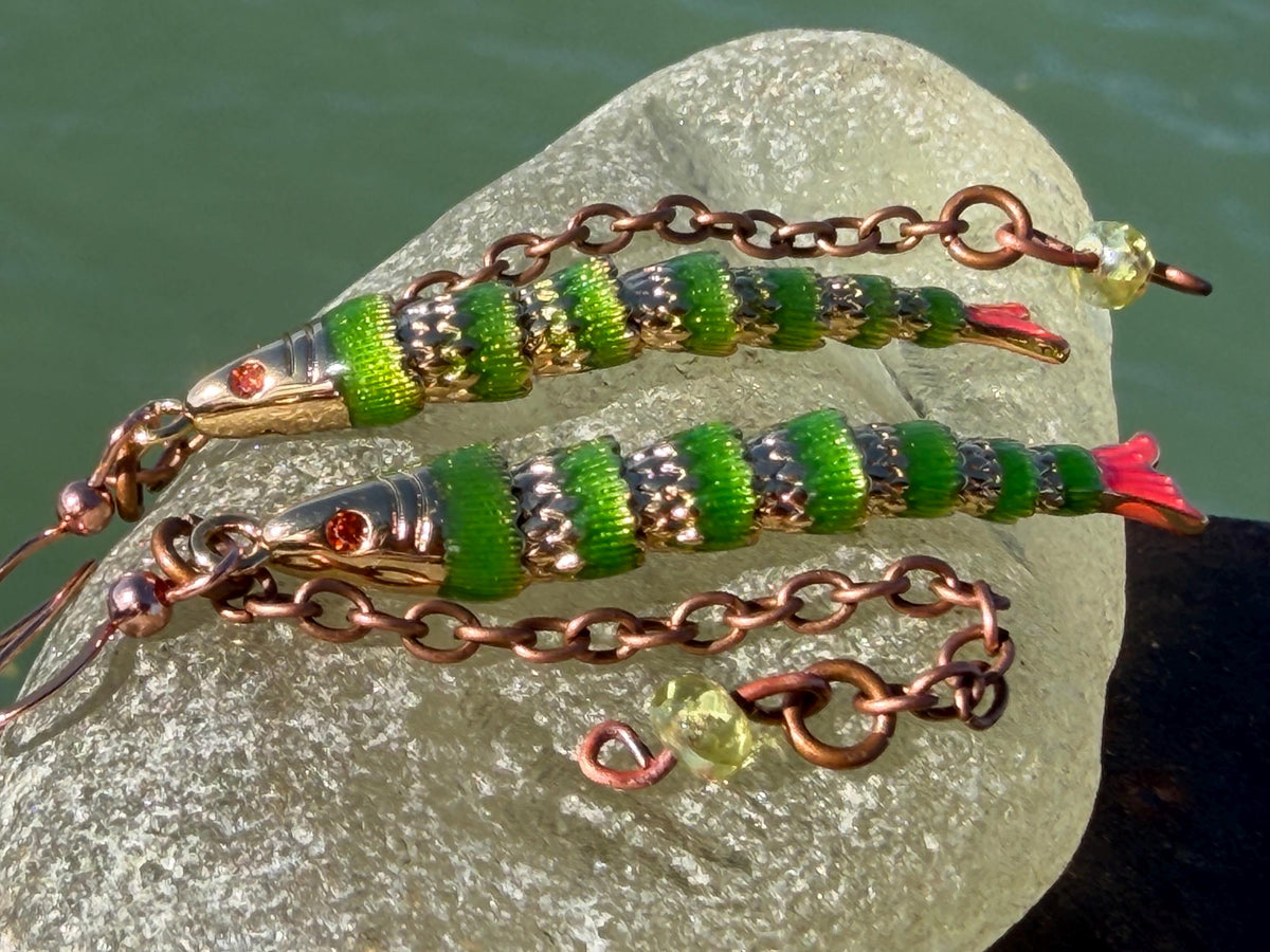Articulated green fish earrings on recycled sterling silver. Boho earrings. Articulated jewellery.  Cute unusual earrings. GIft for swimmer.