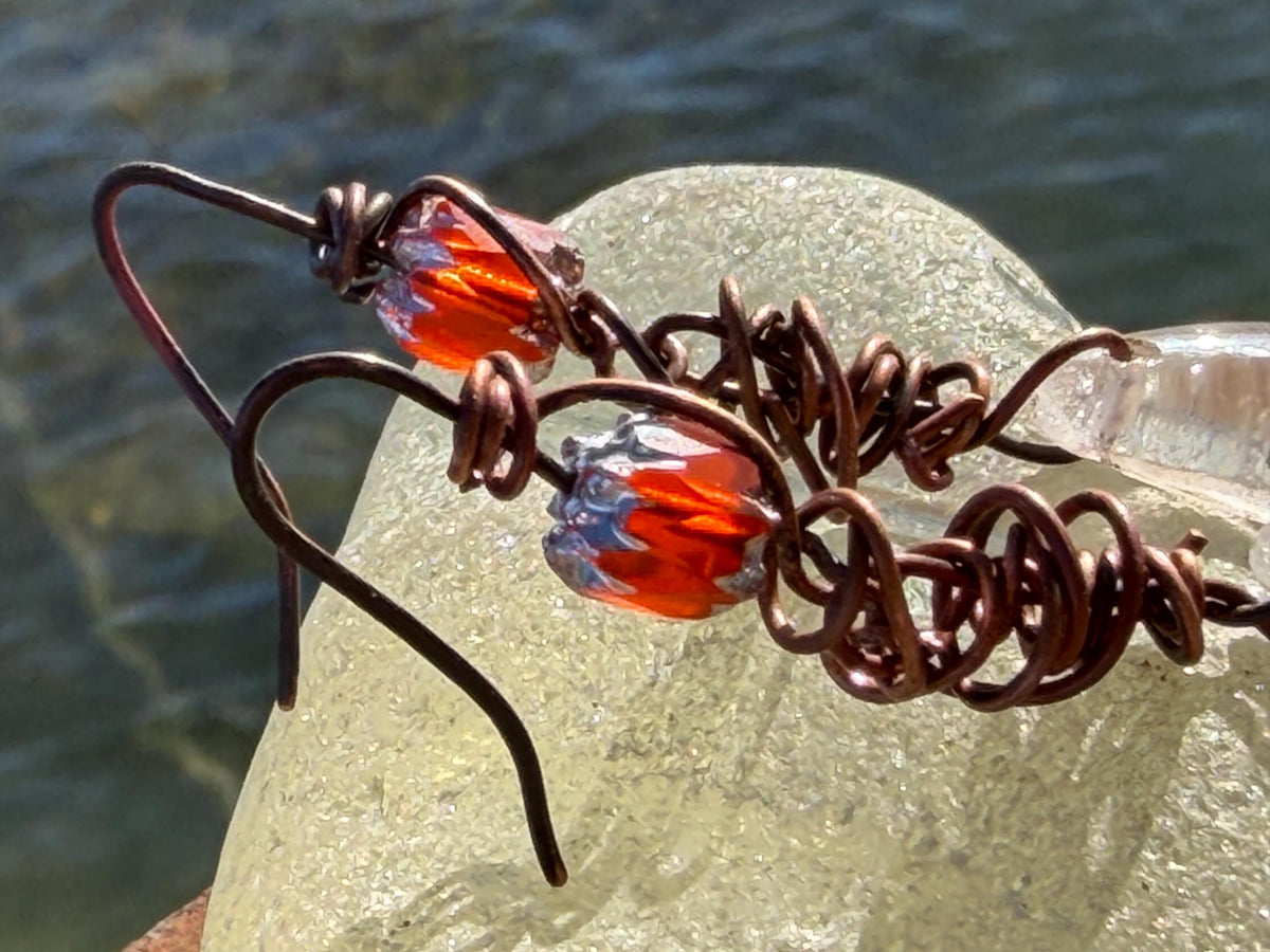 Ethically sourced ghost quartz gemstone earrings  on recycled copper. Handmade earrings. Ethical jewellery, boho jewellery. Unique earrings.