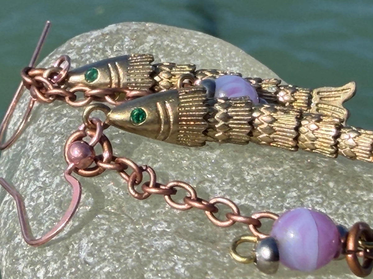 Articulated fish earrings. Articulated jewellery. Eco friendly handmade jewellery.  Boho unusual earrings. Ethical and unique earrings.