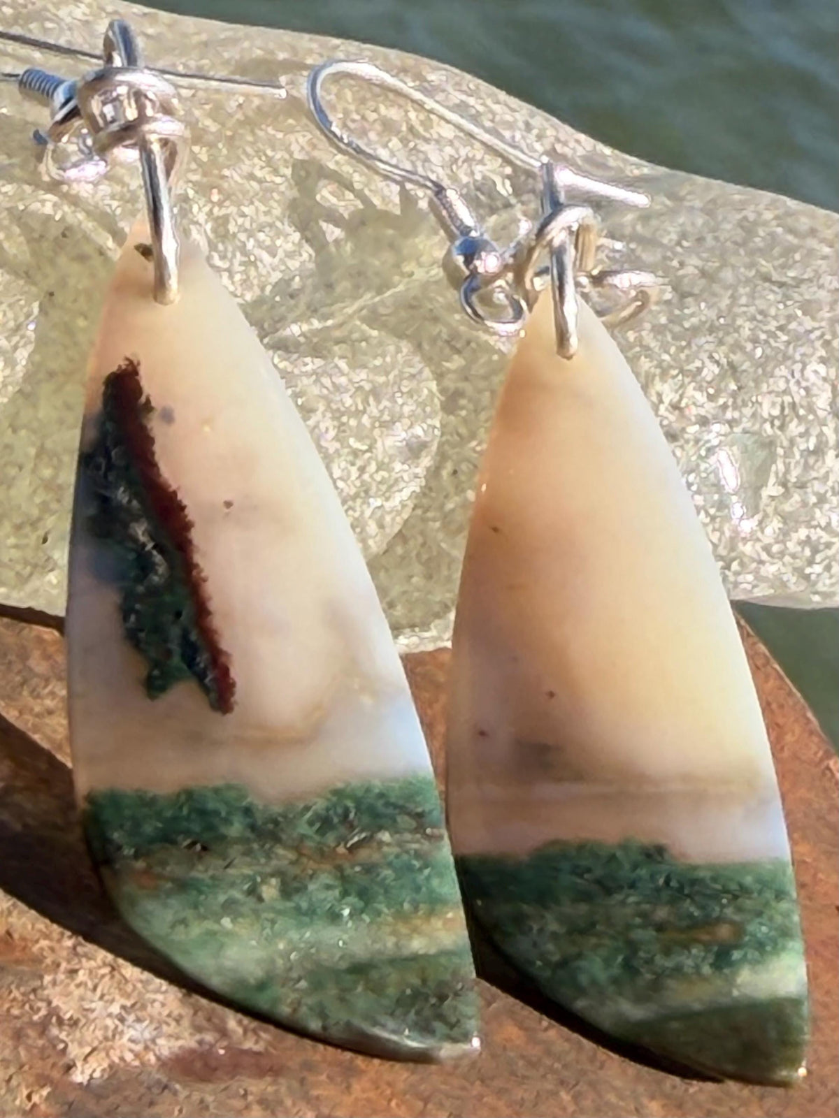 Agate gemstone earrings on recycled sterling silver. Handmade festive earrings. Ethical jewellery, boho jewellery. Unique earrings.
