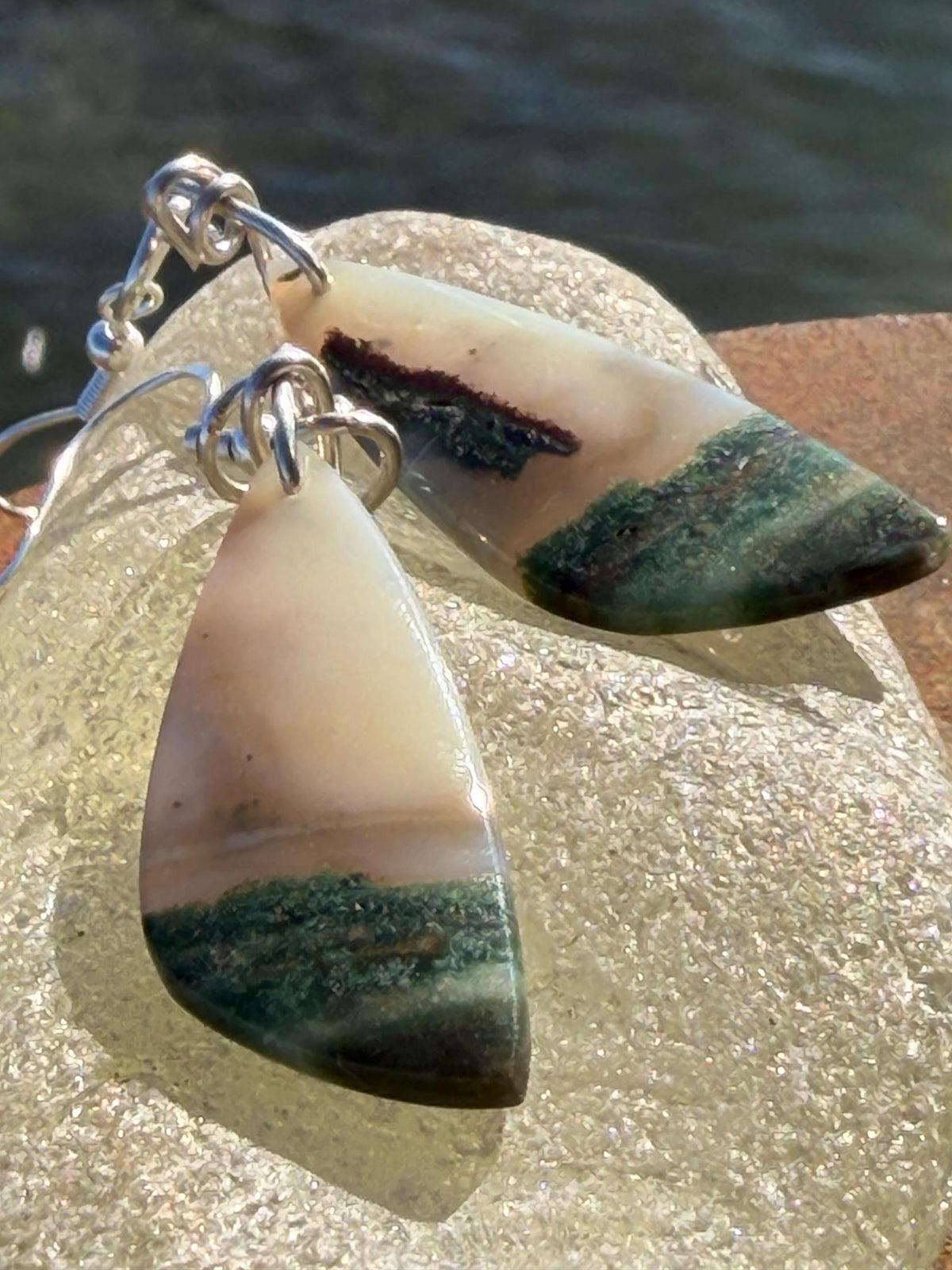 Agate gemstone earrings on recycled sterling silver. Handmade festive earrings. Ethical jewellery, boho jewellery. Unique earrings.