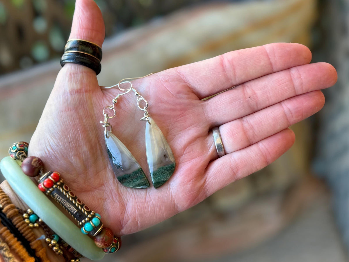 Agate gemstone earrings on recycled sterling silver. Handmade festive earrings. Ethical jewellery, boho jewellery. Unique earrings.