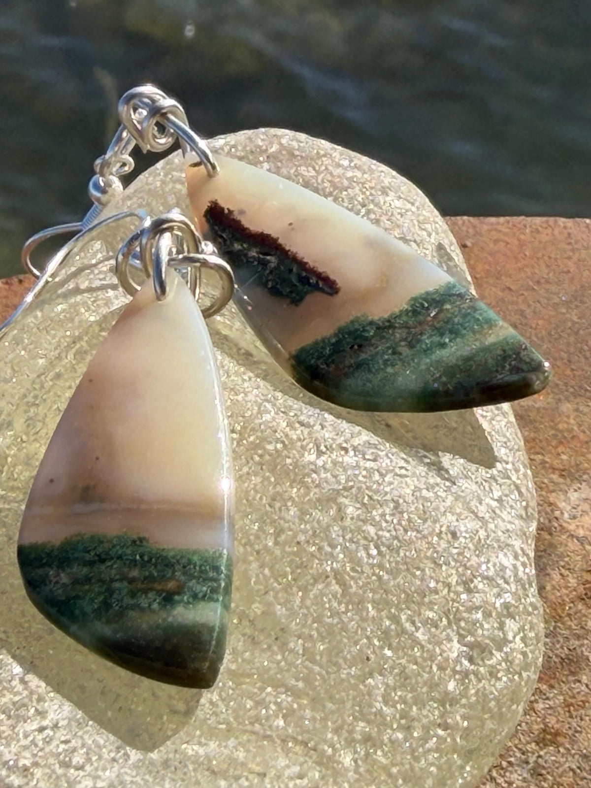 Agate gemstone earrings on recycled sterling silver. Handmade festive earrings. Ethical jewellery, boho jewellery. Unique earrings.