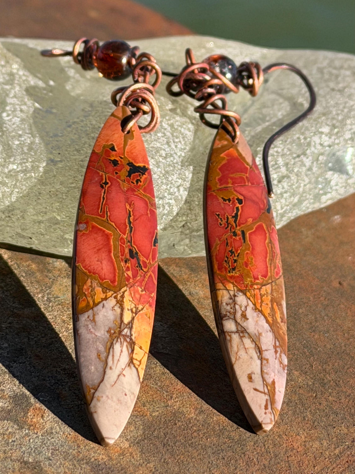 Picasso jasper gemstone earrings. Ethical jewellery, orange gemstone earrings. Stunning unique jewellery. Eco friendly unique earrings.