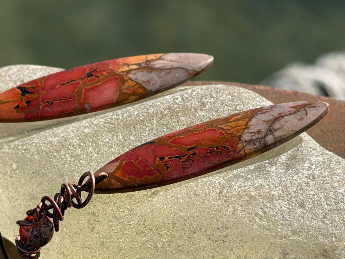 Picasso jasper gemstone earrings. Ethical jewellery, orange gemstone earrings. Stunning unique jewellery. Eco friendly unique earrings.
