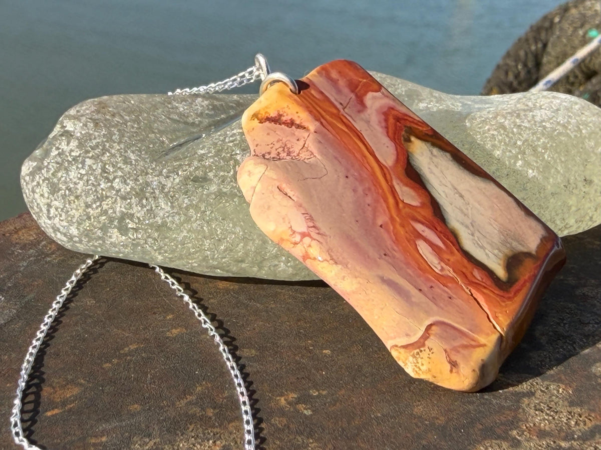 Stunning rhyolite necklace, ethical jewellery, bohemian necklace, unusual jewellery, unique gemstone pendant, orange gemstone necklace