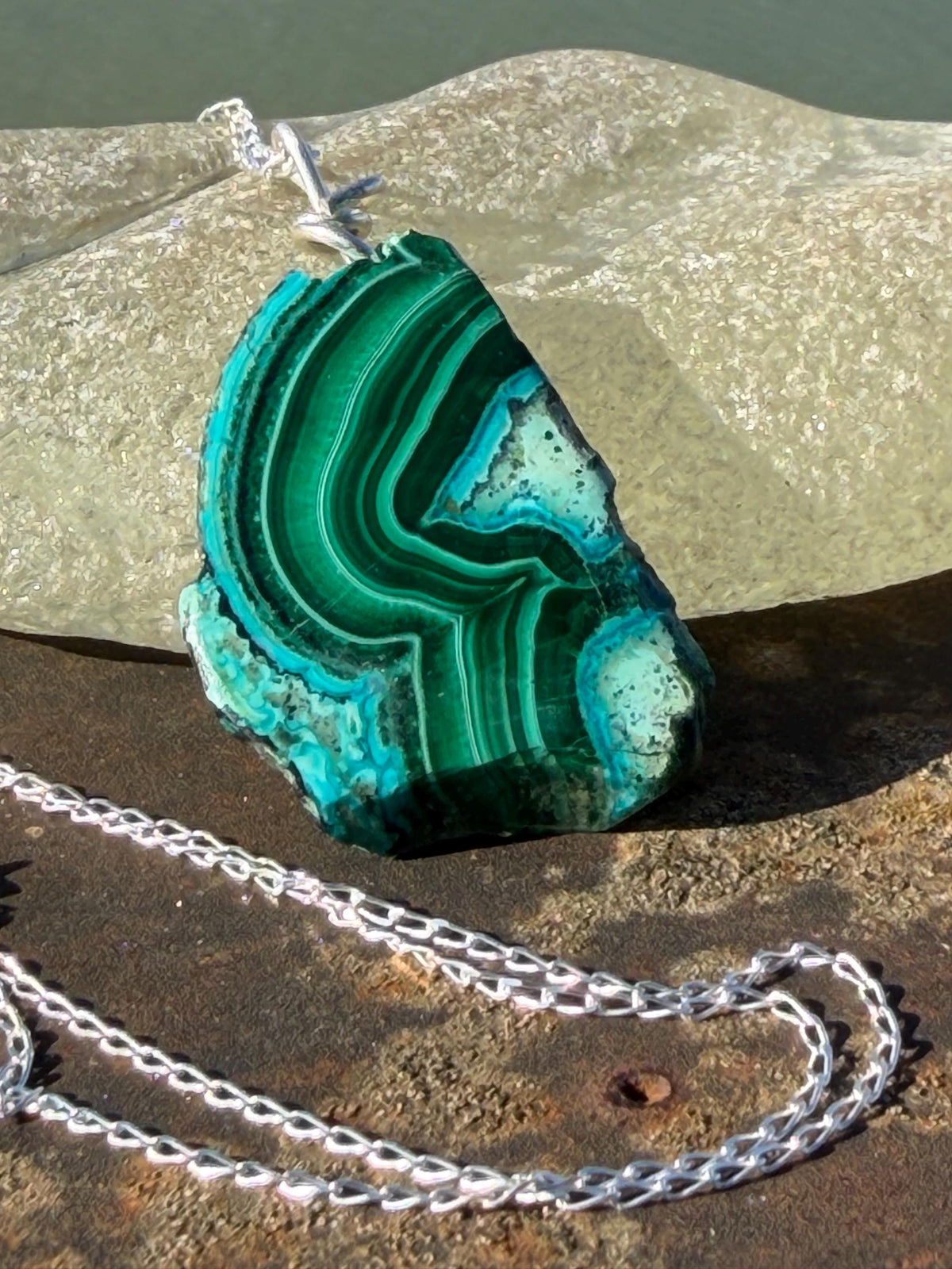 Azurite malachite necklace, malachite pendant, large gemstone necklace, green gemstone, Handmade gemstone necklace, boho gift for her